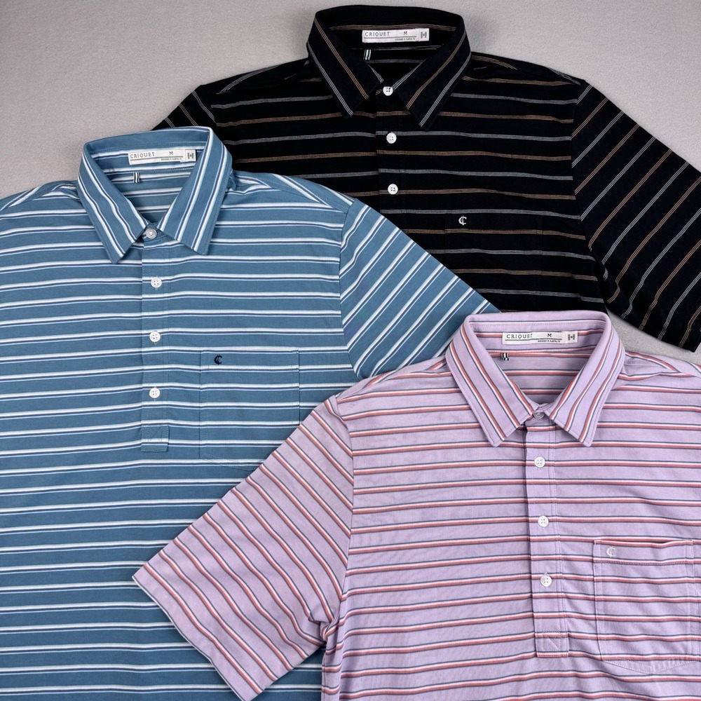 Lot of 3 Criquet Short Sleeve Polos Men M Stripe Organic Cotton Pocket Logo Golf